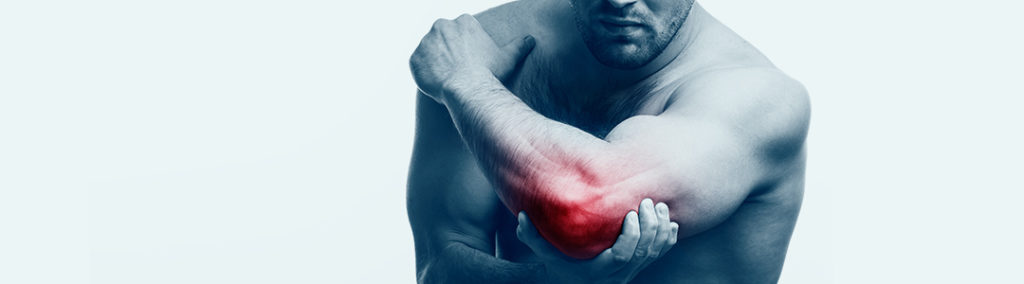 man holding inflamed elbow